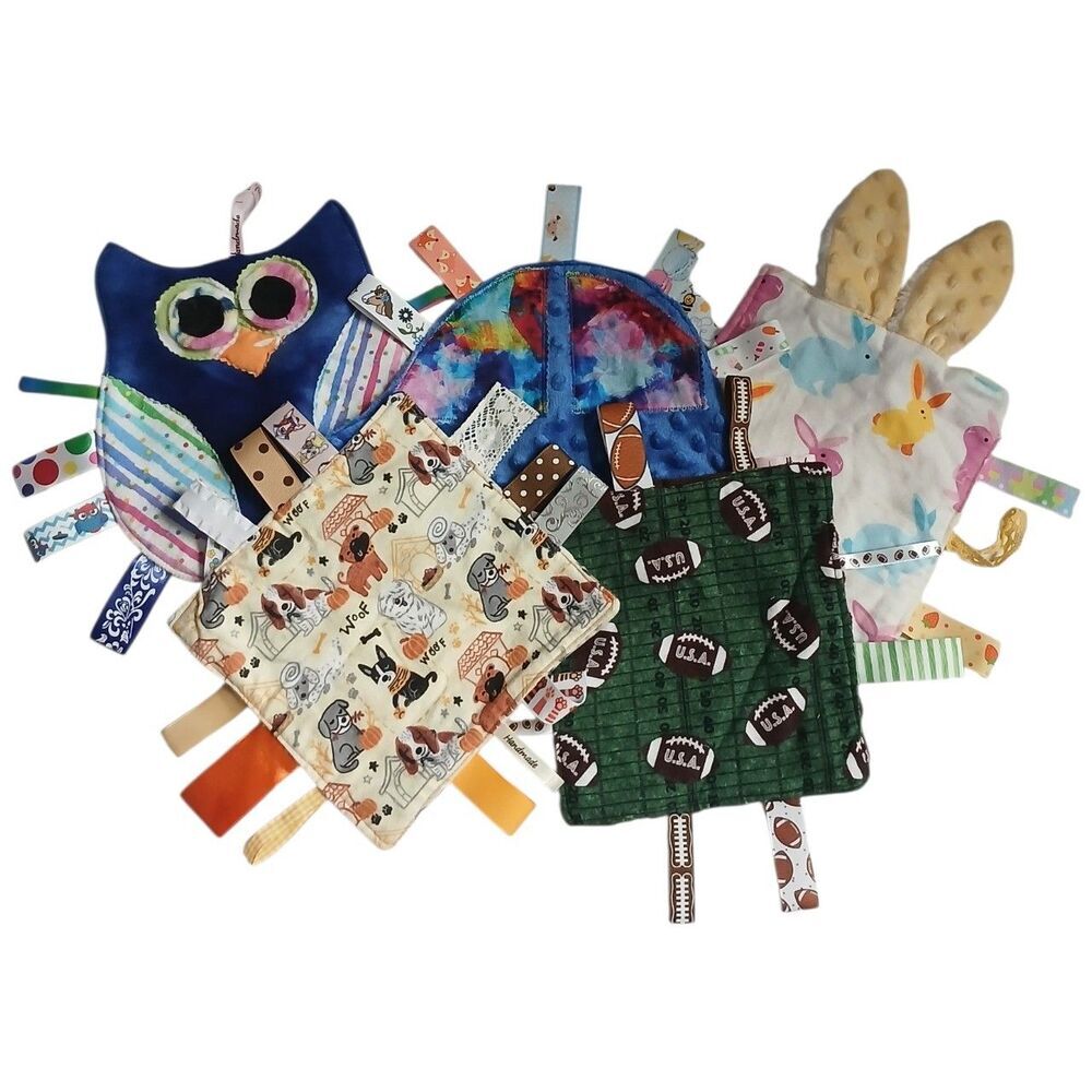 Lot of 5 Handmade Baby Sensory Tag Blankets Lovey Plush Crinkle Toys